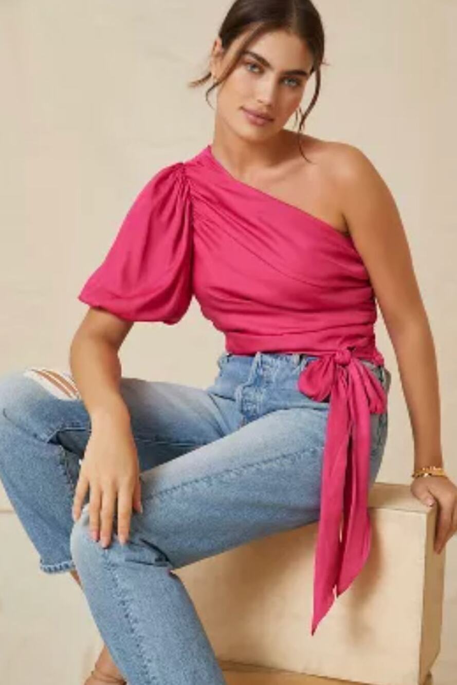 Anthropologie DOLAN Pink Ruched Single-Shoulder Asymmetric Blouse Small
